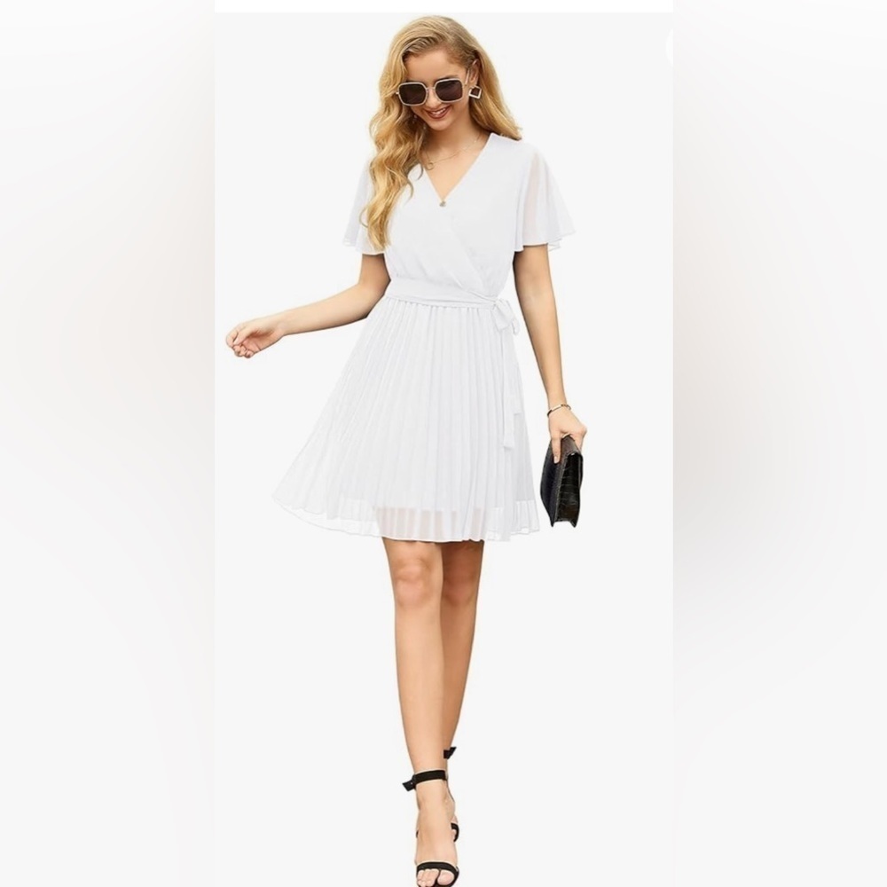 GRECERELLE Wrap V-Neck Pleated Short Sleeve Dress